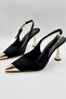 Metal Accessory Detailed Gold Heeled Shoes Stiletto Black Satin - 6