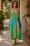 Green Color Tie-Dye Patterned Strap Dress - 2