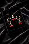 Red Crystal Stone Cherry Figured Pendant Hoop Earring Set - Gold