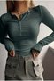 Women's Green Nefti Colorful Button Detailed Placketed Buttoned Crew Neck Long Sleeve Ribbed Camisole Blouse Body