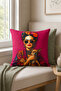 Flower Crowned Woman Dog Patterned Decorative Throw Pillow Cover Bohemian Pop Art Decor 43X43 cm - 6