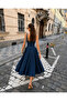 Navy Blue Denim Lycra Sweetheart Neckline A-Line Midi Dress - 6