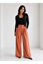 Women's Natural Linen Textured Wide-Leg Trousers with Pockets - 4
