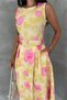 Women's Yellow Floral Print Sleeveless Midi Length Flared Dress with Belt Nbk4645 - 2