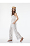 Cotton Half-Lined Wide-Leg Trousers with Pockets and Floral Motif Embroidery