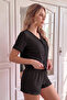 Black Short Sleeve V-Neck Pajama Set with Piping Detail - 3