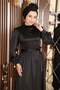 Feather Detailed Satin Evening Dress Black 19123 - 2