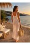 Women's Ecru Openwork Knitwear Maxi Pareo Beach Dress - 3