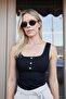 Women's Ribbed Camisole Front Back Square Neck Placketed Body Blouse-Black - 5