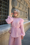 Women's Self-Patterned Shoulder Ruffle Detail Waist Tie Tulle Set Pink - 3