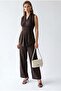 2142 Women's Linen Blend Suit with Belt Detail, Brown