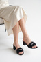 Lace Detailed Feathered Bridal Slippers Black Thick Heeled Wedding Engagement and Dowry Slippers