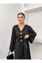 Women's V-Neck Waist-Tied Gold Detailed Wide Sleeve Jacquard Patterned Long Kimono 9088 - Black - 7