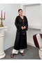 Women's V-Neck Waist-Tied Gold Detailed Wide Sleeve Jacquard Patterned Long Kimono 9088 - Black - 4
