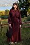 Waist-Tied, Ruffled Sleeve Linen Dress, Plum