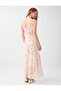 Light Pink Floral Patterned V-Neck Strappy Midi Dress - 5