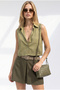 Women's Khaki Pocket Sleeveless Crop Linen Shirt Gml-19001458