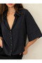 Linen Look Retro Model Loose Short Sleeve Shirt Women's Dark Black - 4