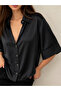 Satin Look Retro Model Loose Short Sleeve Shirt for Women Shiny Black - 4