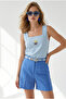 Women's Baby Blue Square Collar Embroidered Linen Blouse Blz-19003411 - 3