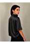 Satin Look Retro Model Loose Short Sleeve Shirt for Women Shiny Black - 6