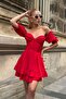 Women's Red Gathered Front Button Detailed Mini Dress Yel221534 - 4