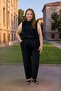 69014 Large Size Double Tensel Pants with Elastic Waist and Pockets - Black