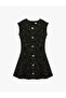 Slim Fit Jewel Buttoned Crew Neck Sleeveless Tweed Mini Flared Dress - 5