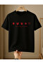 Hearts Printed 100% Cotton Crew Neck Regular Unisex Black T-Shirt
