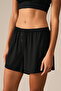 Fedes Women's Soft and Flexible Viscose Fabric Black Shorts with Elastic Waist and Decorative Button Detail - 2