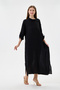 Black Italian 100% Linen Degaje Collar Folded Long Sleeve Long Linen Dress 38 - 44 Size - 4