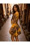 Mustard Color Gold Detailed Silk Short Skirt Blouse Set - 4