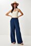 Women's Navy Blue Elastic Waist Wide Leg Muslin Trousers - 2