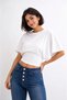 Women's White Cotton Bat Sleeve Cropped Blouse T-Shirt Crew Neck Lycra - 3