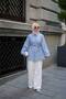 Women's Balloon Sleeve Double Line Patterned Viscose Shirt Baby Blue - 2