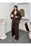 Single Gold Button V-Neck Wide Sleeve Wrinkled Textured Kimono Trouser Set 9110 - Brown - 3