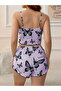 Women's Lilac Butterfly Patterned Shorts Pajama Set Thin Straps Ribbed Crop Tank Top Soft Textured Home Wear - 4