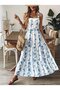 Women's Strappy Square Neck Patterned Long Jersey Dress with Bow Tie Detail on the Back - 5