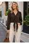 Coffee Color Binding Detail Balloon Sleeve Blouse - 2