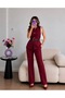 Burgundy Belted Vest, Trousers and Blazer Set with Metal Accessories - 5