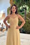 Women's Yellow Thin Strap Polka Dot Pattern Chest Draped Midi Length Dress Nbmy4037 - 4