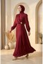 Satin Fabric Hijab Evening Dress with Brooch on the Waist 5811-06 Claret Red - 2