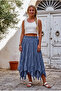 Indigo Lined Fringed Cut Elastic Waist Casual Wrinkled Long Woven Skirt 95 70 - 6