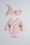 100% Cotton Set of 3 Baby Double-Breasted Hat, Gloves and Bodysuit (Pink Floral) - 2