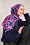 Cotton Polyester Soft Scarf Blue Fuchsia Large Daisy Patterned Tok Duruşlu 90X90 - 2