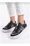 Women's Black and White Thick Sole Casual Sneaker Sports Shoes – Silver Detailed Lace-Up Casual Model - 3