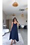 Navy Blue Tencel Fabric Oval Collar Long Dress - 3