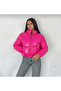 Women's Shiny Fuchsia Stand-Up Collar Zip-Up Short Puffer Coat - 3