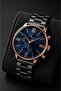 Men's Wristwatch Black Metal Strap Navy Blue Dial Roman Numeral Chronograph Look
