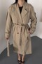 Women's Long Linen Trench Coat |   Double-Breasted Collar Belted Double-Button Oversized Trench Coat - 3